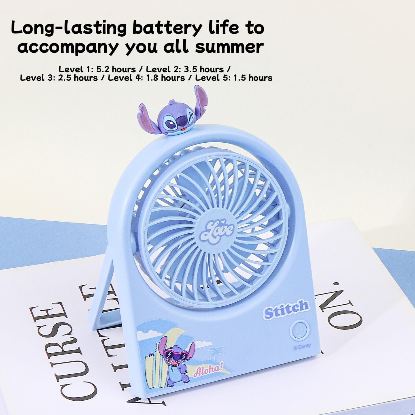 MINISO Stitch Folding Small Fan Cute Cartoon Design Portable USB Rechargeable 5-speed Wind Power Personal Cooling Fan Suitable for Home Office Travel Outdoors