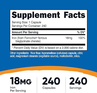 Nutricost Chelated Iron (من Ferrochel) 18mg ، 240 كبسولة - خالية من الغلوتين ، مكمل خلات الحديد غير المعدلة وراثيًا