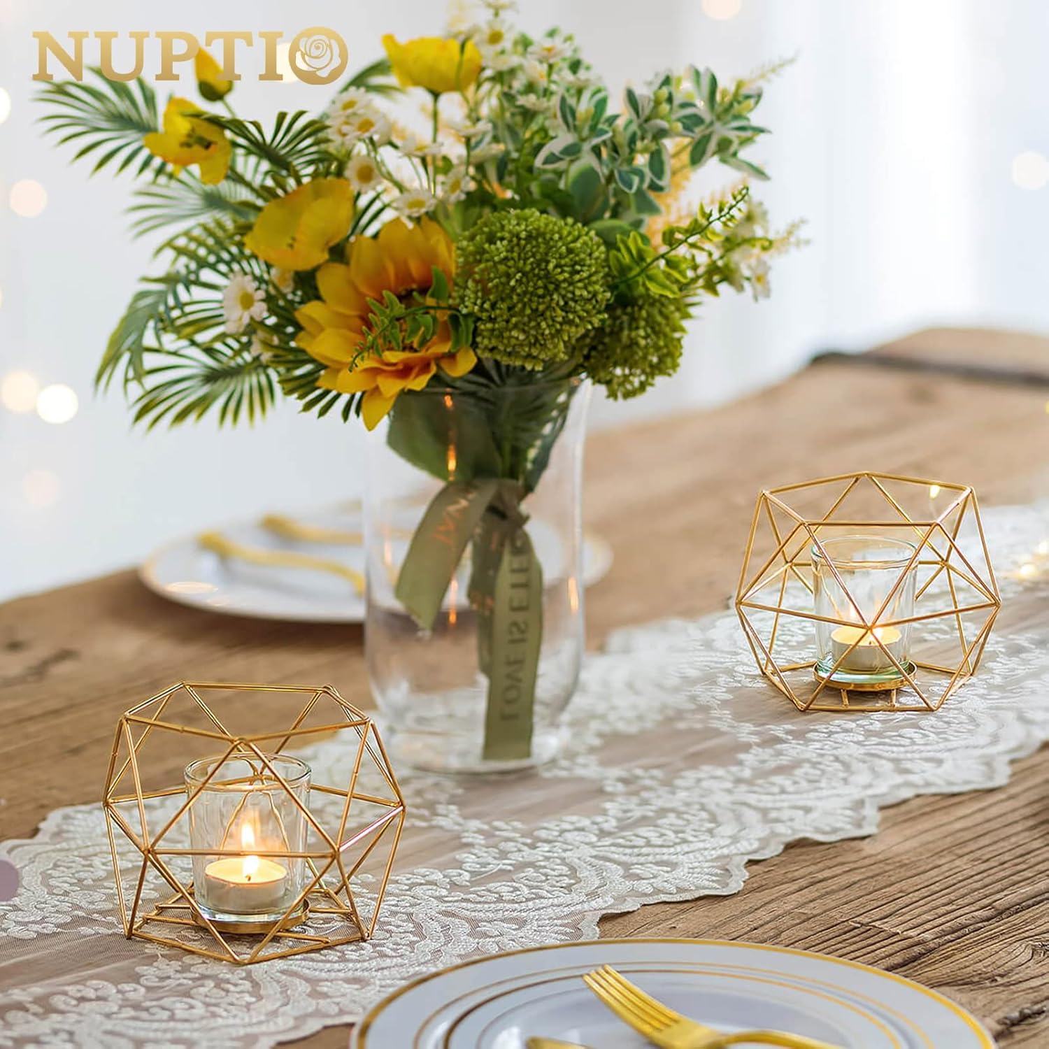 NUPTIO Tea Light Candle Holders - Votive Candle Holder for Tealight & Pillar Candles Geometric Gold Candle Stand for Wedding Table Reception Decor Birthday Party Gifts Home Mantel Centrepieces, 6 Pcs