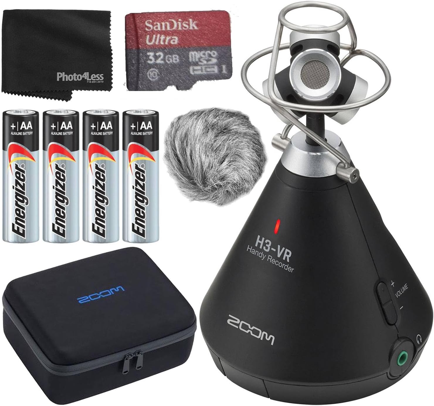 Zoom H3-VR Handy Recorder Bundle with Universal Hairy Windscreen, Protective Case, 32GB microSDHC UHS-I Card with Adapter, 4 AA Batteries, Cloth (6 Items)