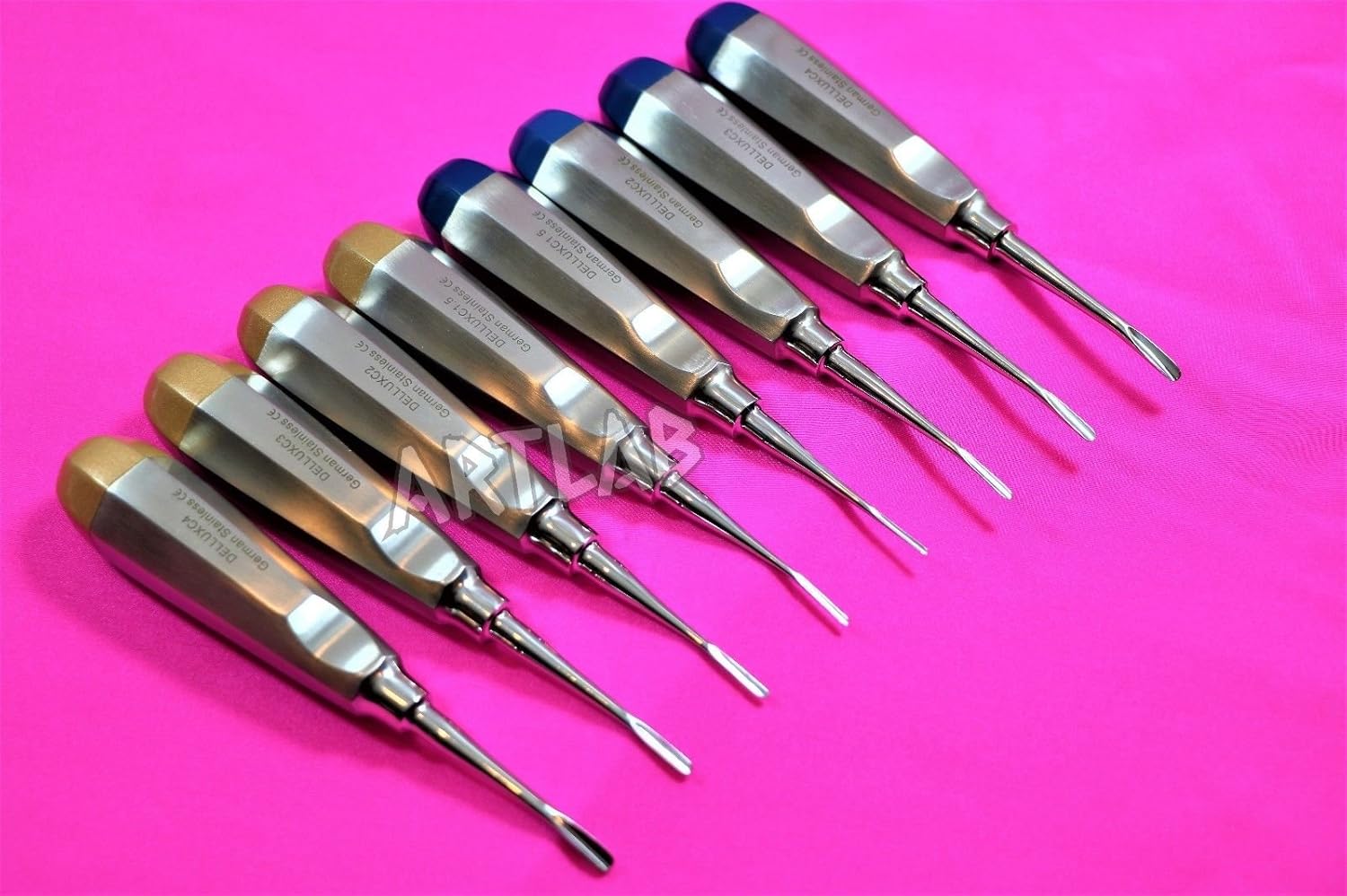 8 PC German Dental Elevator Gold+Blue Curved 1.5,2.0,3.0,4.0