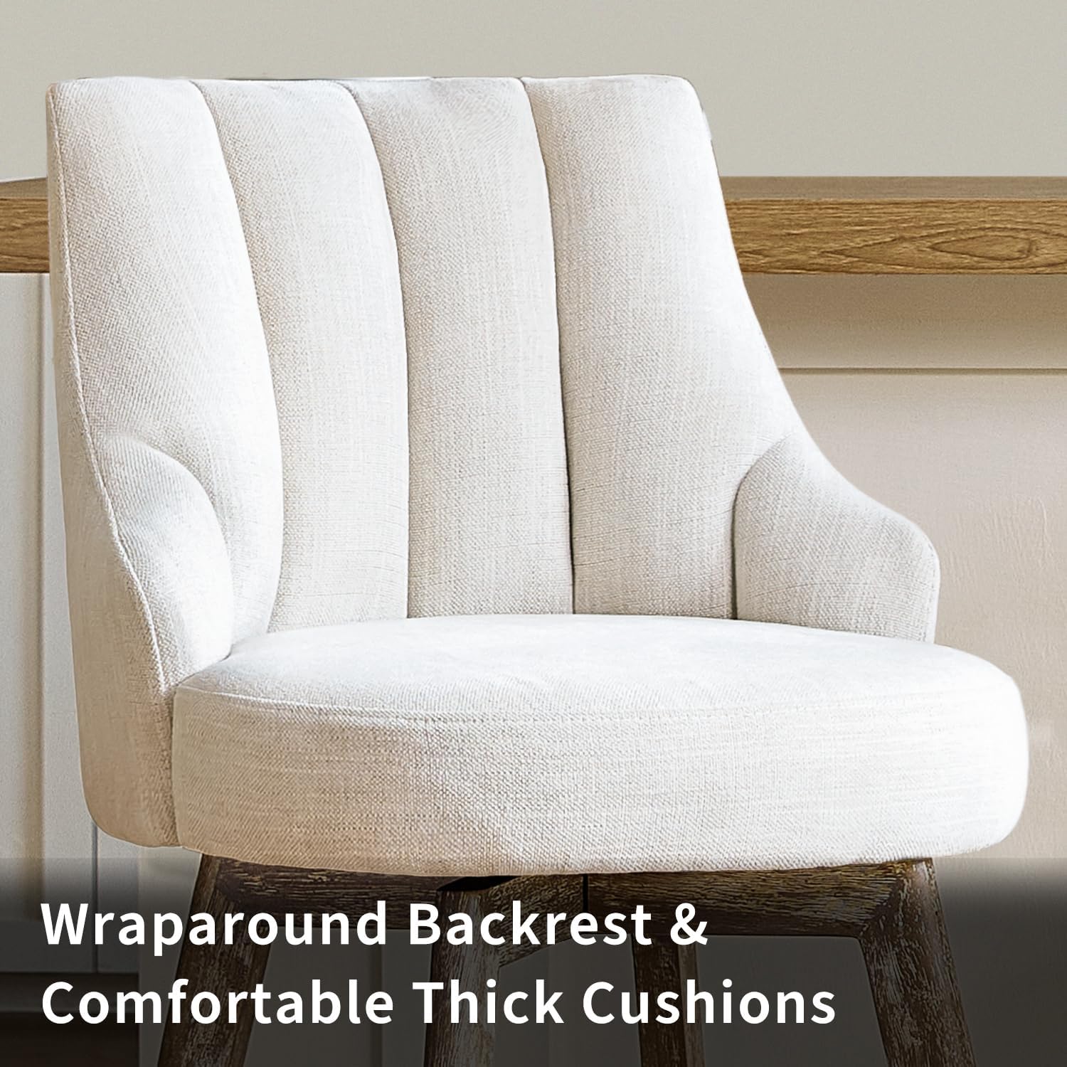 Swivel Counter Height Bar Stools,Barstools with Backs,Beige-Colored Bar Stools Set of 3,26'' Solid Wood Legs,Linen Fabric Thickened Seat Cushion Bar Stools