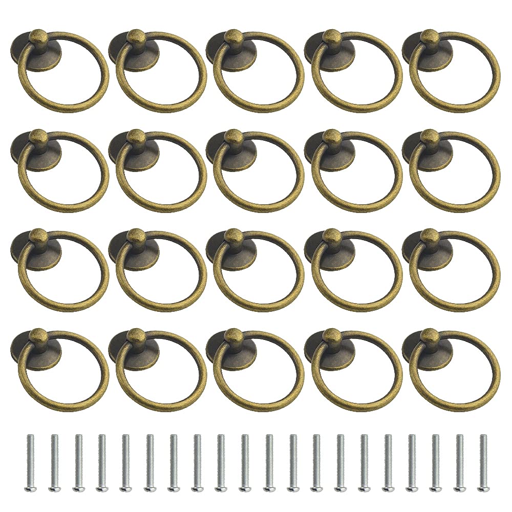 WMYCONGCONG 20 PCS Vintage Bronze Cabinet Drop Ring Knobs and Pulls 1.73 Inch Ring Diameter Drawer Handles Single Hole Decorative Hardware with Screws for Cupboard Dresser Drawers
