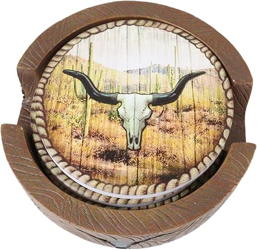 Miniatura 5 de Ebros Gift Rústico Western Rodeo Roundup Longhorn vaca cráneo trenzado cuerdas de madera sintética posavasos conjunto figura soporte con cuatro