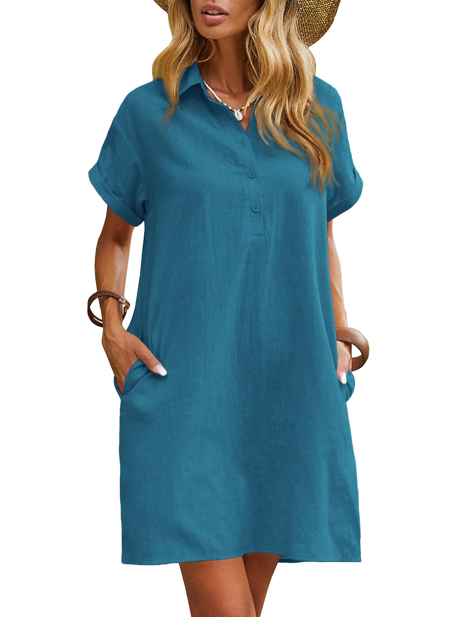 Zeagoo Women's Summer 100% Cotton Linen Dress Casual Short Sleeve Beach Dresses Tunic Dress with Pockets