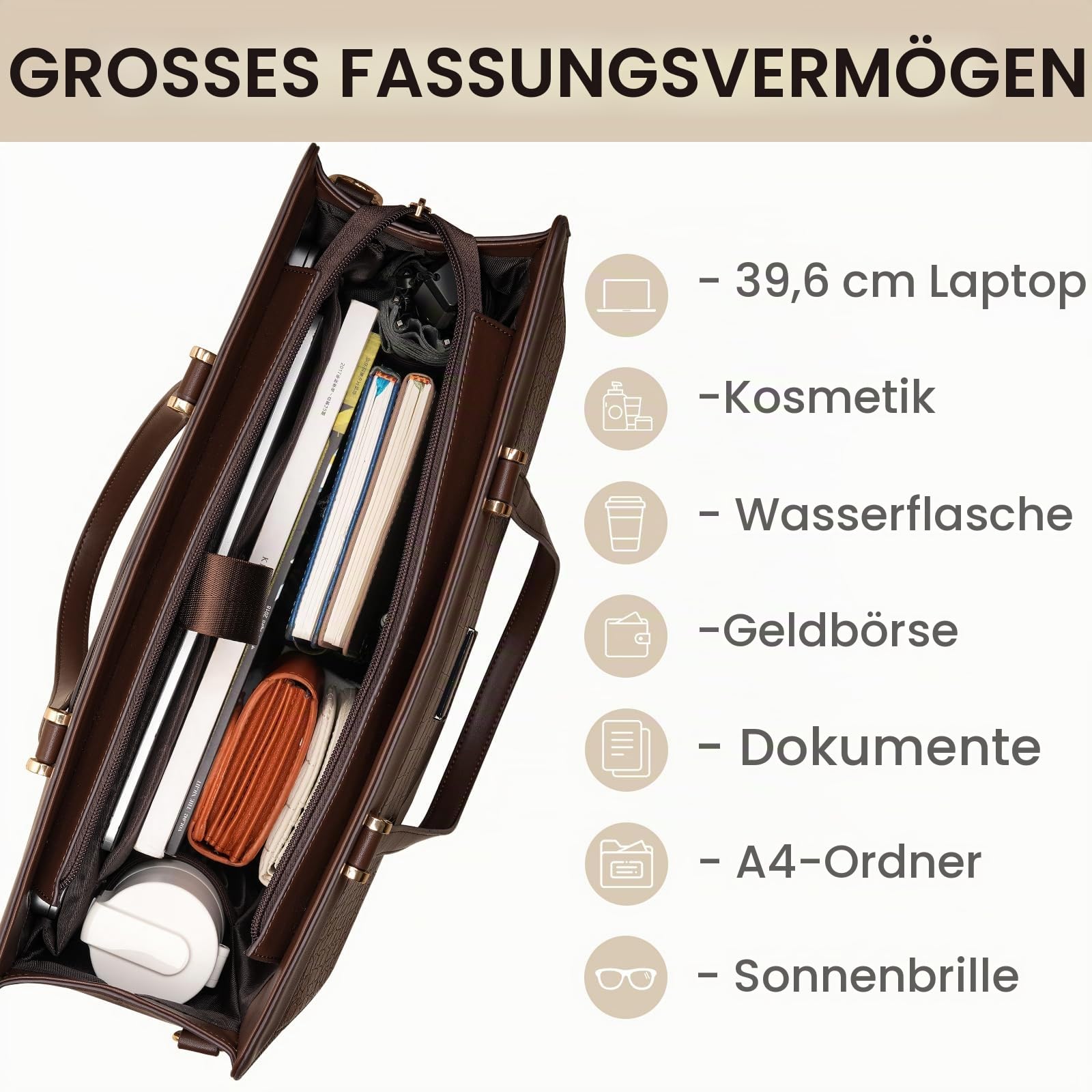 MOSISO Laptoptasche Damen, 15,6 Zoll PU Leder Handtasche Groß Arbeitstasche