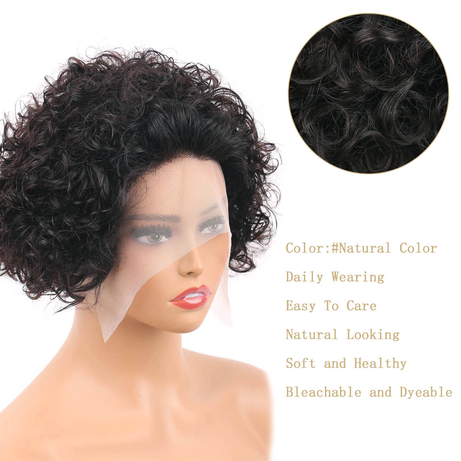 DaiMer Lace Pixie Cut Wigs Lace Front Short Curly Human Hair Wigs for Women Natural Hairline 130% Density Bob Wig 6 Inch 13x1 Free Part Transparent wigs Easy to Wear (Natural Black) - Image 2