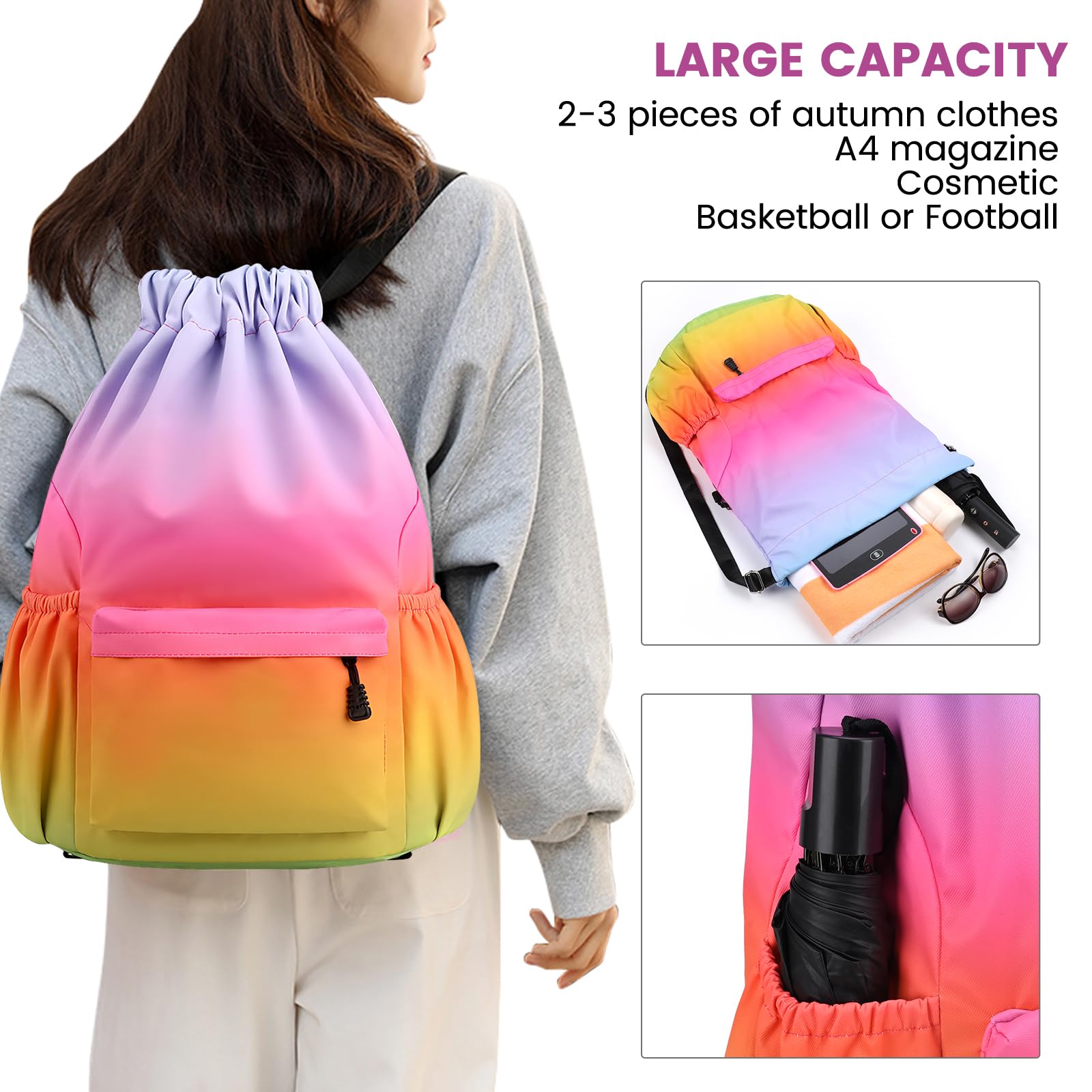 Sac à Dos à Cordon, Imperméable Large Bandoulière Sacs de Sport à Cordon Sac de Gym Avec Poche Intérieure Et Poche De Sécurité avec Poche Avant Et Arrière Zippée, Dégradé Couleurs
