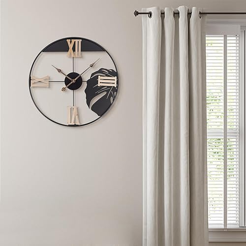 Miniatura 5 de Reloj de pared de hoja de metal grande, reloj de pared analógico silencioso de 24 pulgadas con números romanos de madera, reloj analógico colgante