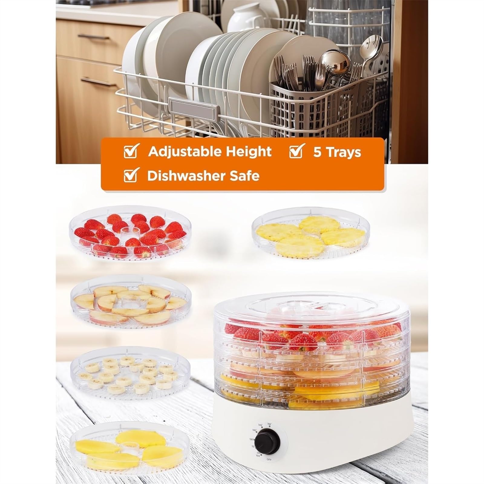 Essiccatore per alimenti - Essiccatore per alimenti, per alimenti e carne secca, essiccatore per carne da 280 W per alimenti disidratati con 5 griglie di essiccazione, essiccatore per alimenti bianc