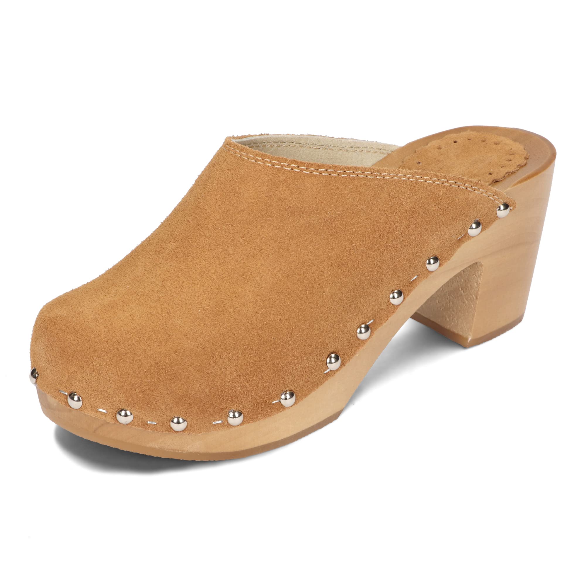 BeComfy Femme Sabots Suède Talons Hauts Mules Naturel Cuir Daim Chaussures en Bois 35-41 EU
