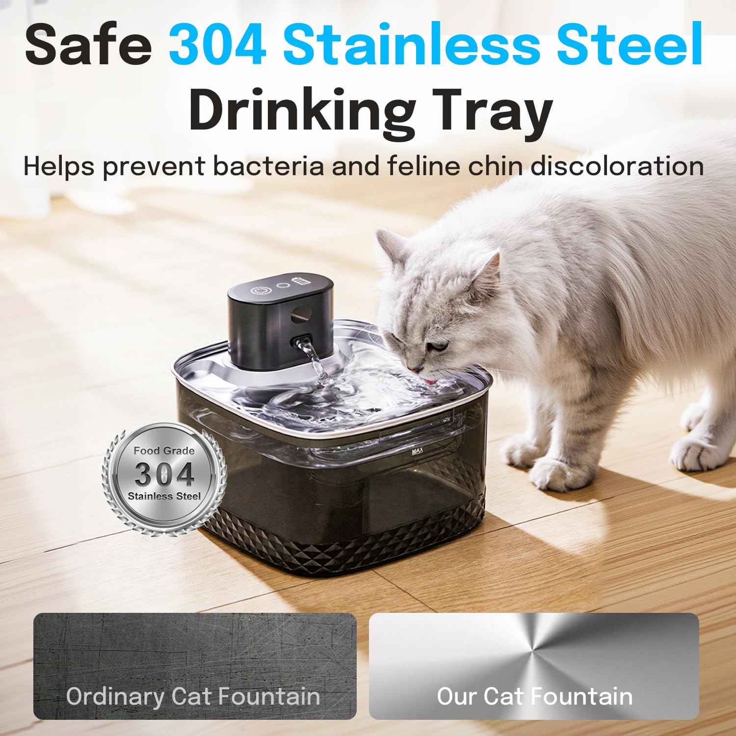 Petinstinct Wireless Cat Water Fountain, 2L Rechargeable Pet Fountain with Stainless Steel Tray, Ultra Quiet Pump, Motion Sensor & Anti-Dry Burn, Auto Water Dispenser for Cats Dogs, Black (1 Filter) - image 3