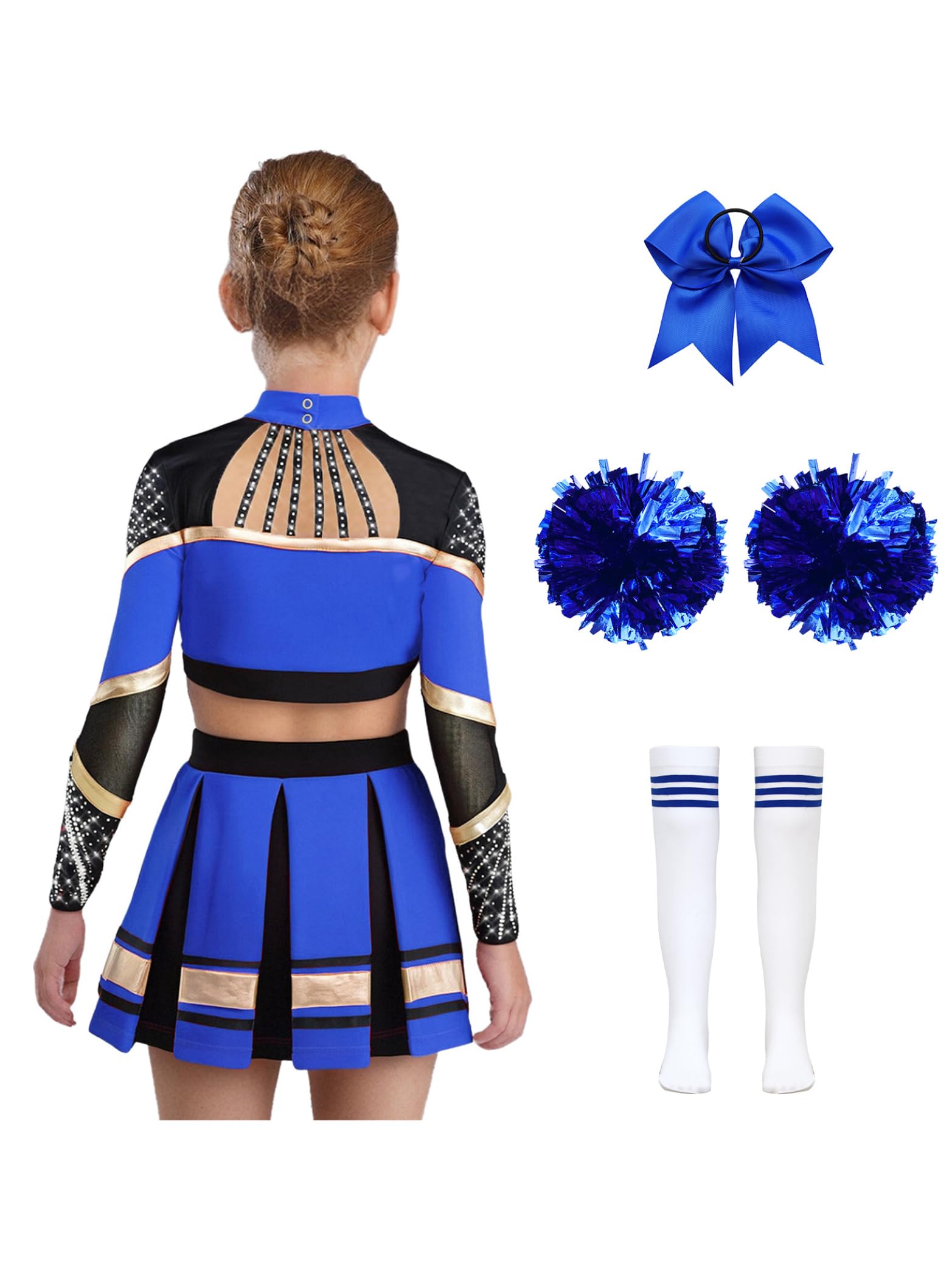 Pompoms - Costume da cheerleading per bambini, a maniche lunghe, senza pancia, con gonna a pieghe, motivo floreale, 5 pezzi