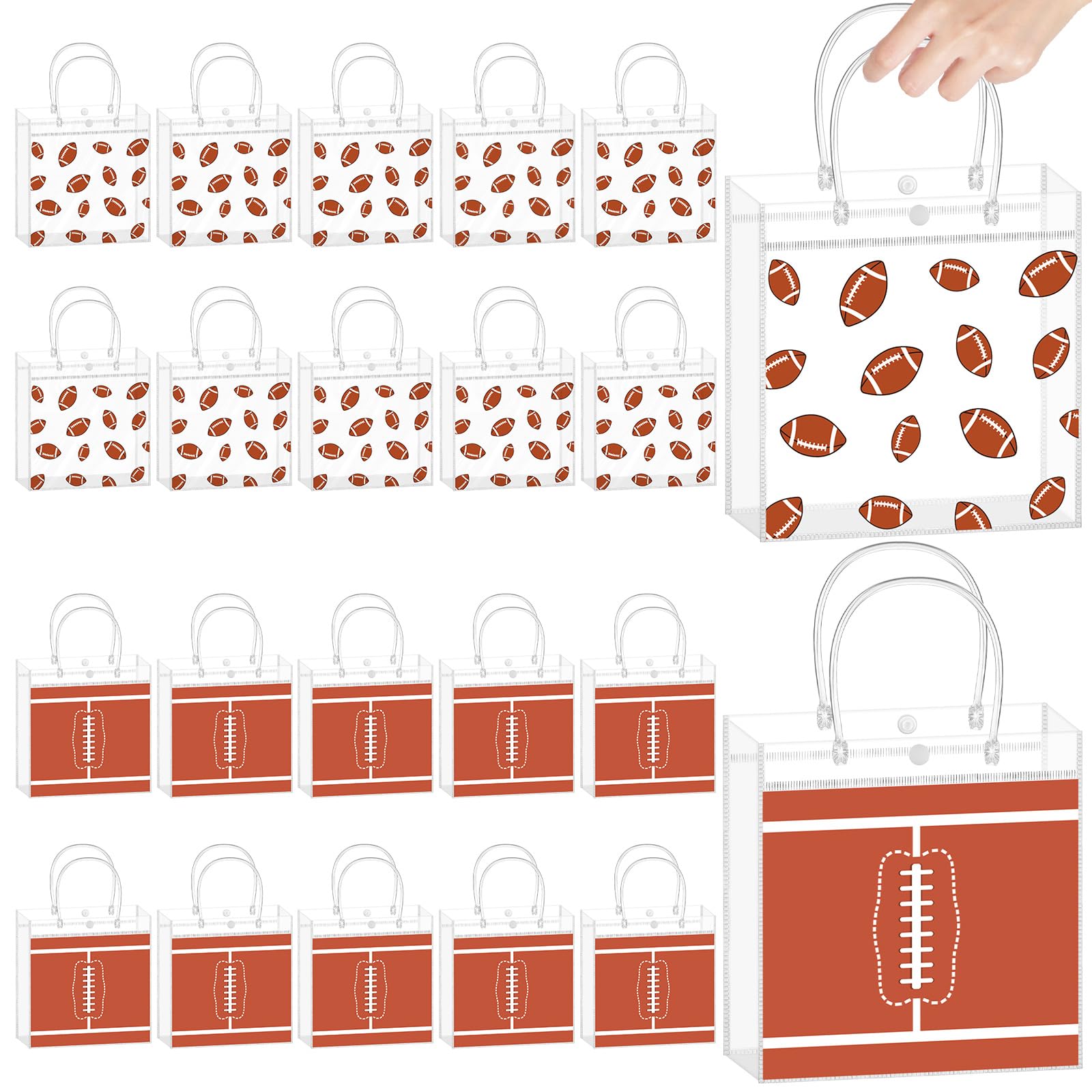 Kosiz 24 Pcs Football Clear PVC Gift Goodie Bags with Handles Football Theme Party Favor Snack Candy Treat Tote Bag Bulk for Team Gifts Birthday