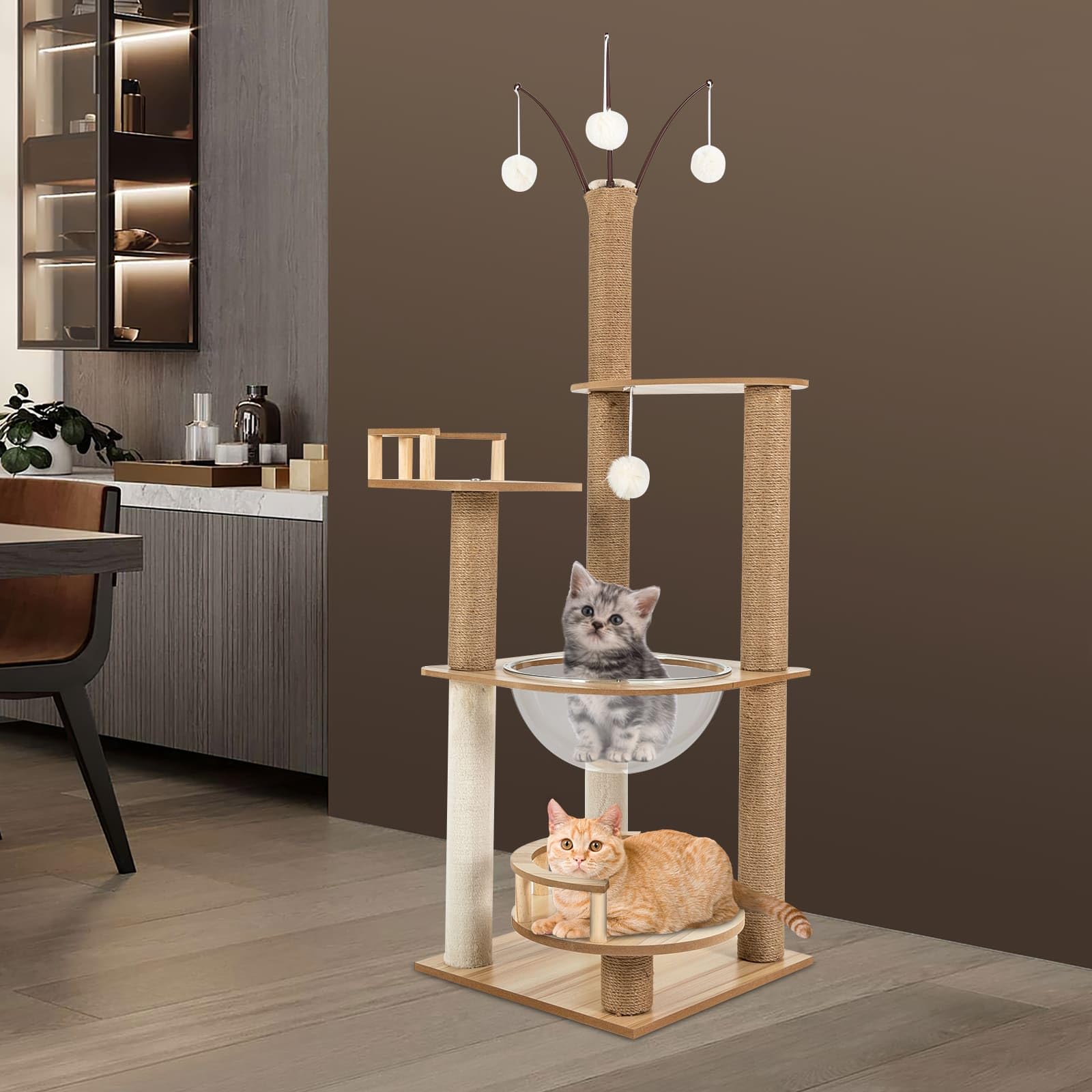 Arbre à Chat Griffoir 4 Niveaux 132 cm, Épaissie et Stable, Poteaux Recouverts de Cordes de Chanvre et Polaire Résistantes aux Griffes