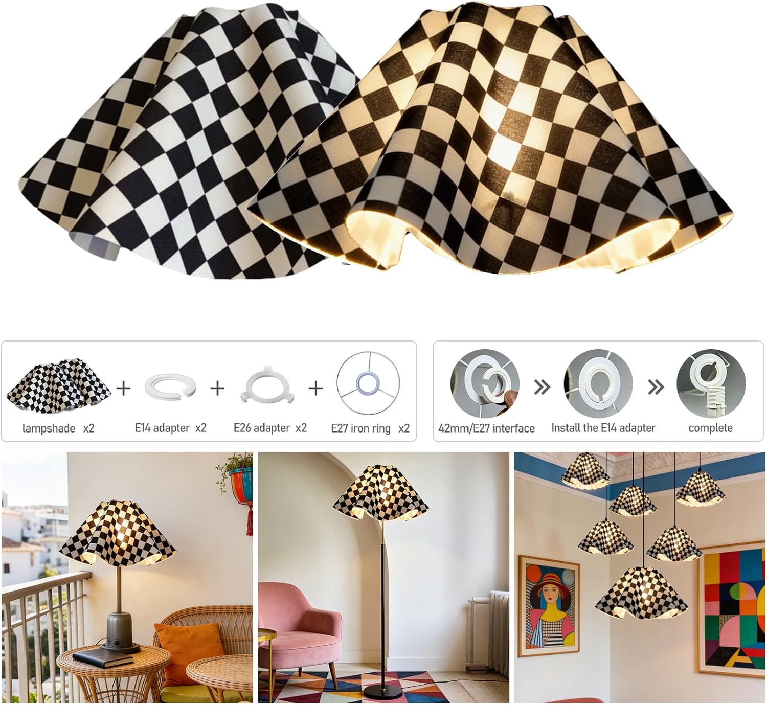 Small Scalloped Table Lamp Shades - Petal Lamp Shade for Table Lamps, Floor Lamps, bedside lamp and Pendant Light, UNO Fitter for E27, E26 and E14 Base (Black and White, 3.5 * 15 * 7 inch - 2 Pack)