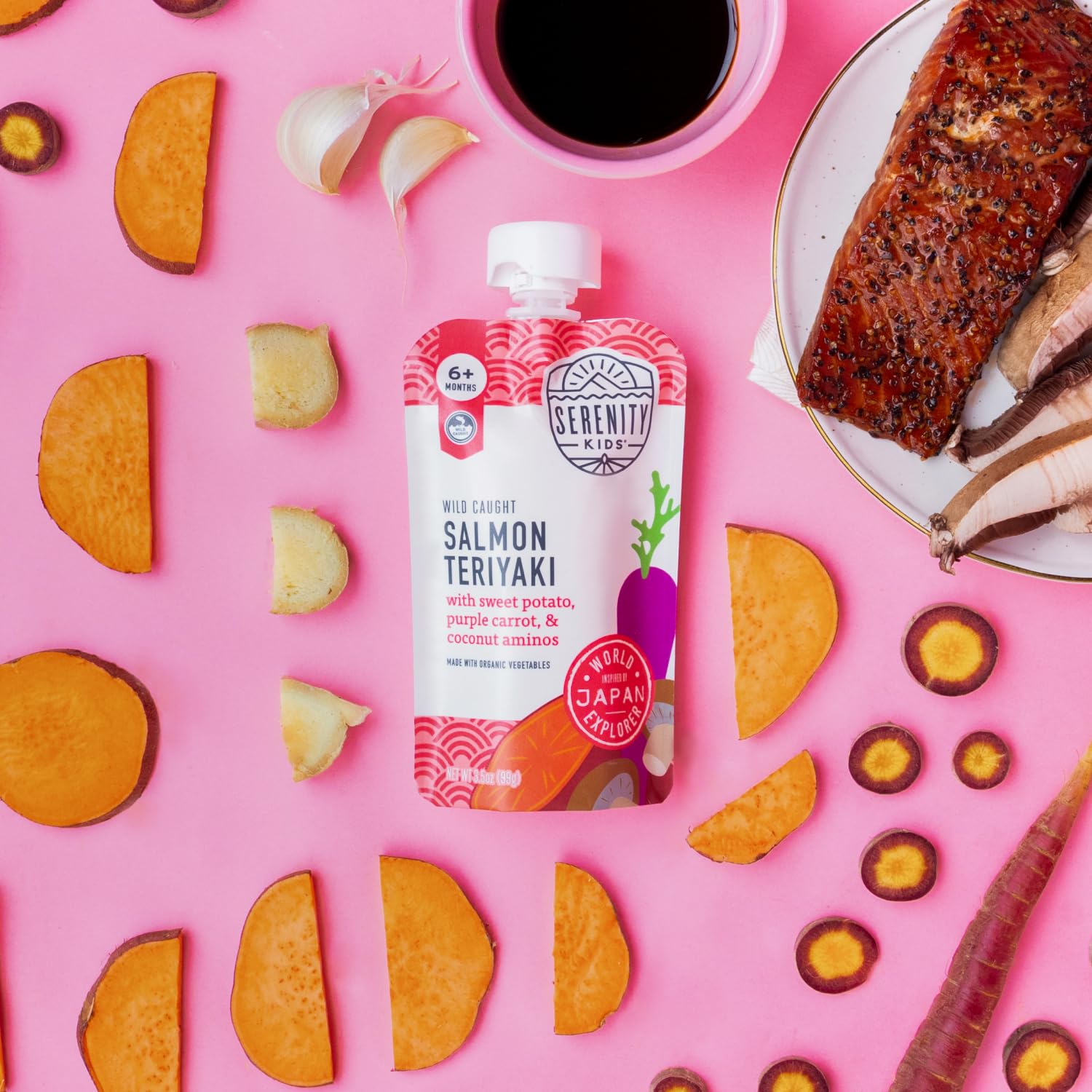 Serenity Kids 6+ Months World Explorers Baby Food Pouches Puree Made With Ethically Sourced Meats & Organic Veggies | 3.5 Ounce BPA-Free Pouch | Salmon Teriyaki | 1 Count thumbnail 7