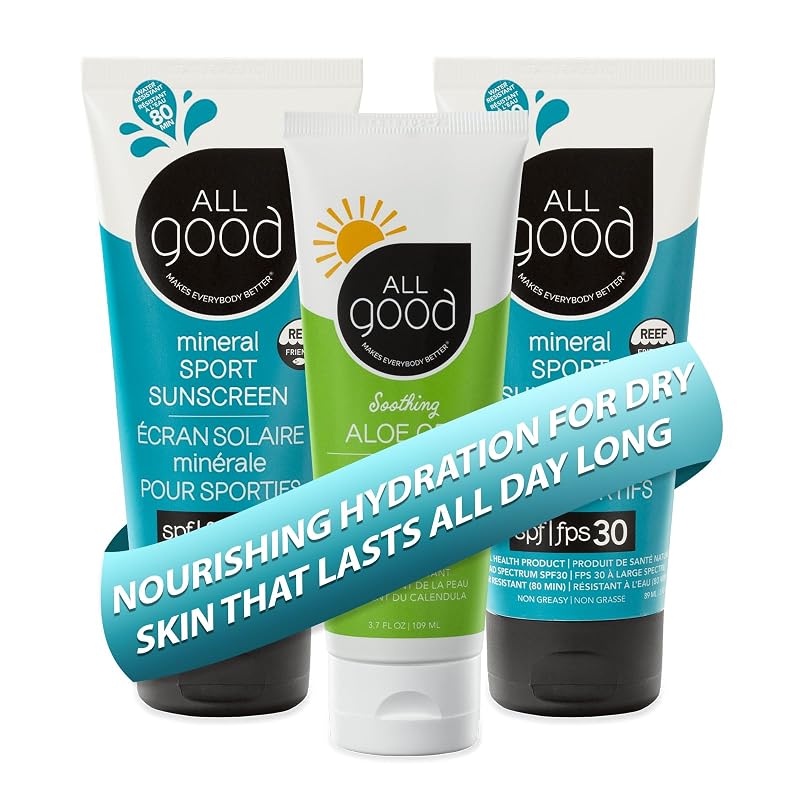 All Good Sport Mineral Sunscreen & Aloe Gel Bundle com 2 Protetores Solares Esportivos FPS 30 e 1 Gel de Aloe