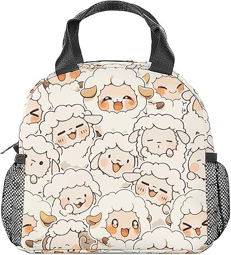 Lonchera de ovejas para niños, lonchera aislada para niños, lindas bolsas de almuerzo blancas con correa para el hombro, pequeña bolsa reutilizable