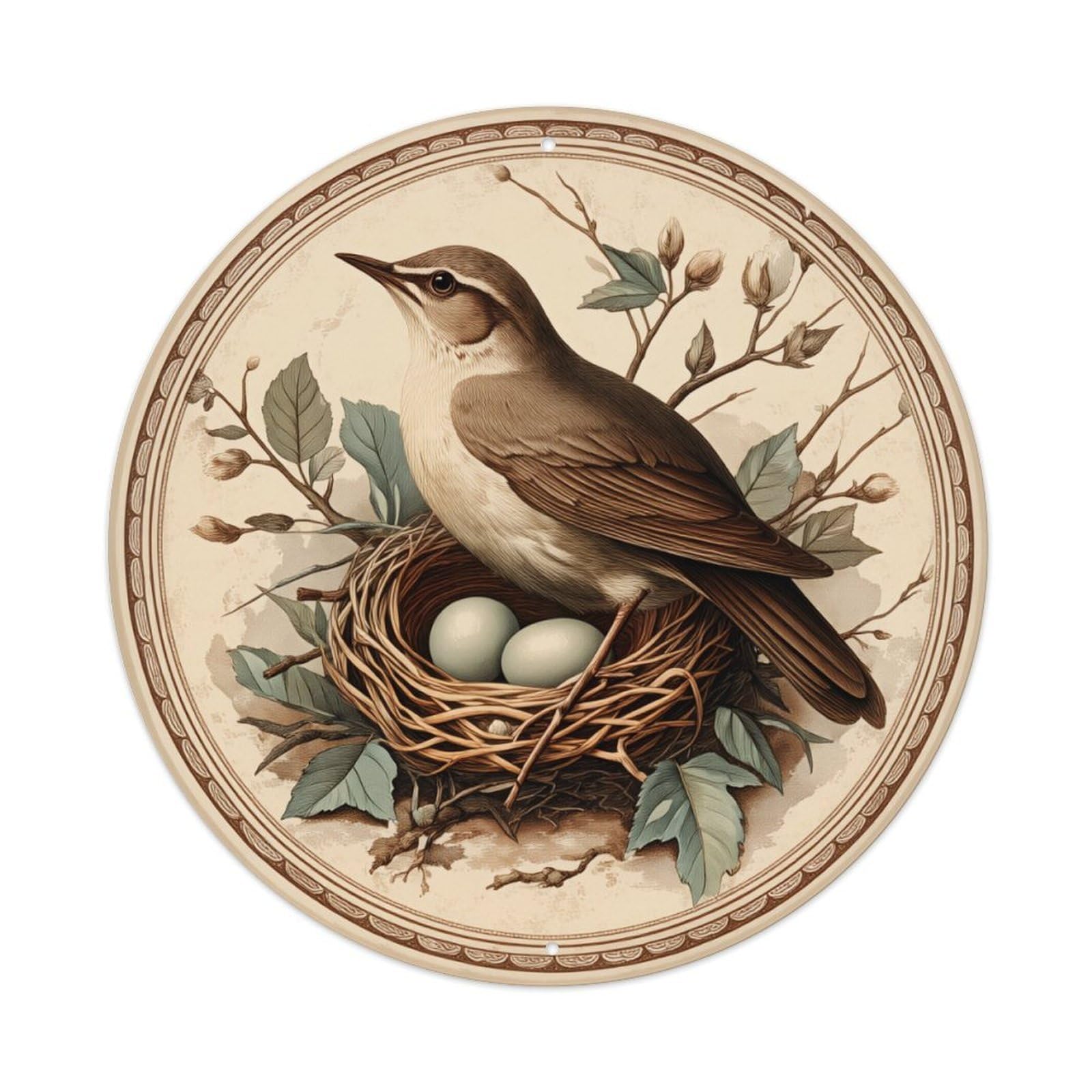 Bird Nest Eggs Leaves Branch Round Tin Sign Vintage Metal Poster, Home Bar Garage Man Cave Cafe Indoor & Outdoor Wall Decoration 8x8Inches