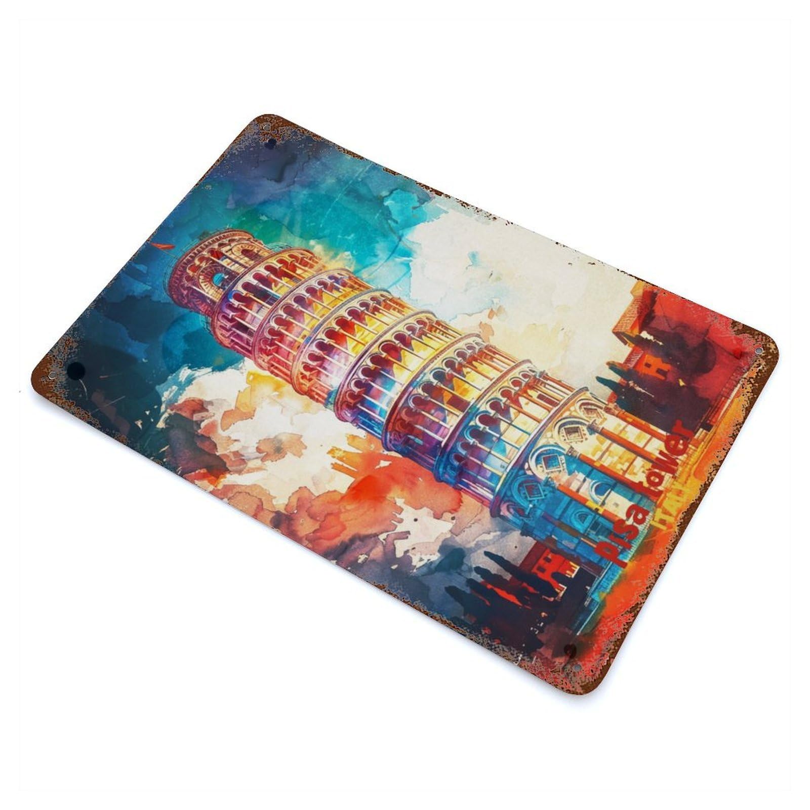 Garage Style Pisa Tower Art Rust Effect Tin Sign 11.8"x7.9", Industrial Home Decor for Bar And Workshop