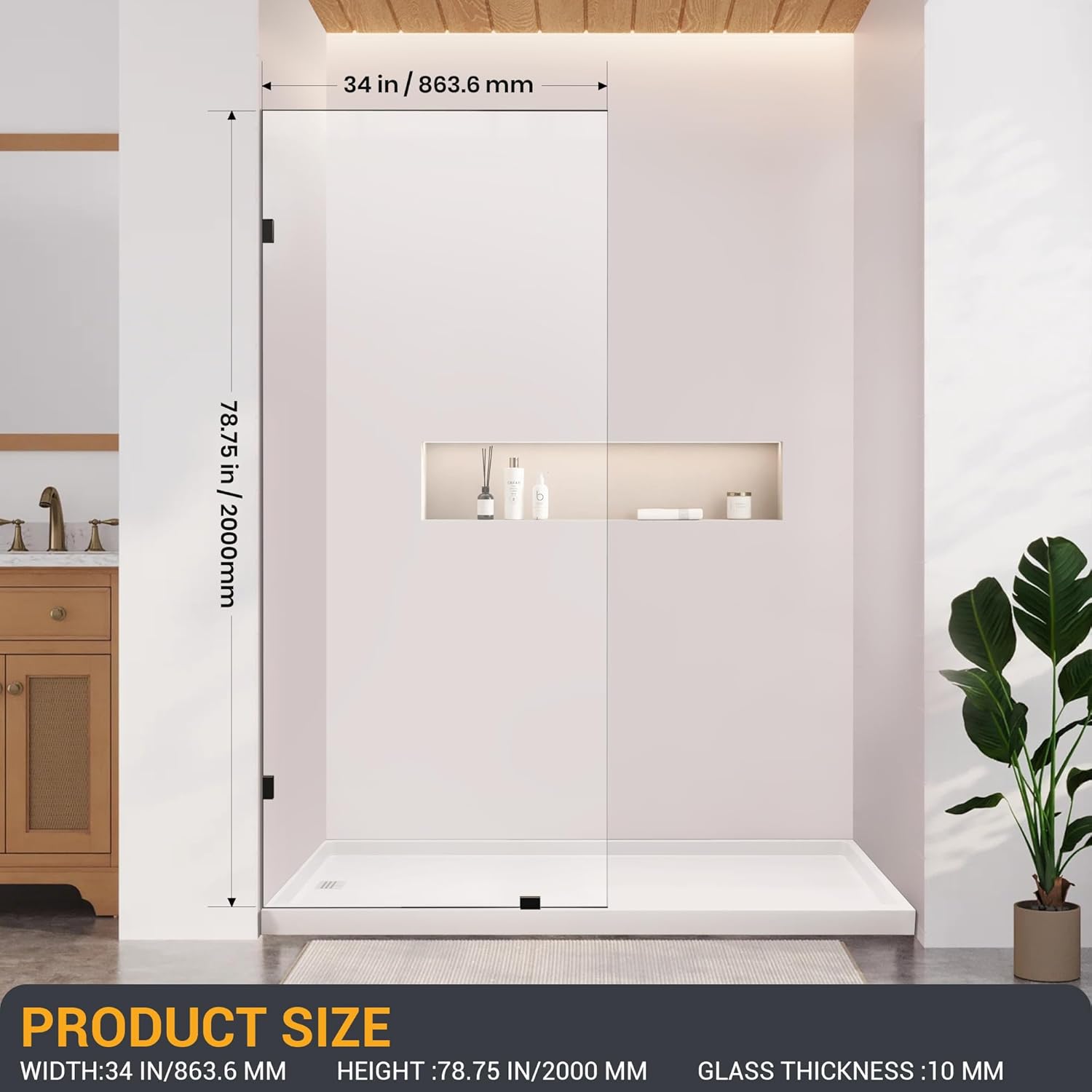 Bathroom Shower Glass Door 34" W×78.75" H, 3/8"(10mm) Thick Clear Tempered Glass Panel with Clamps, Fixed Frameless Waterproof Shower Door, Matte Black
