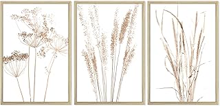 Botanical Wall Art Framed, Farmhouse Wall Decor, Neutral Boho Wall Art Set of 3, Rustic Plant Leaf Wall Pictures Paintings, Minimalist Framed Canvas Wall Art for Living Room Bedroom Bathroom Kitchen Boho Home Decor Ready to Hang- 12"x16"x3 Panels