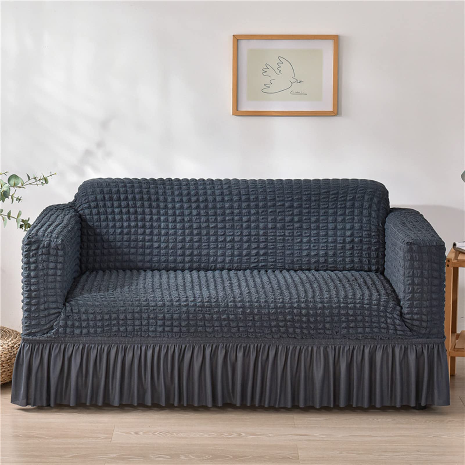 Housse de canapé extensible seersucker gris bleu 4 places 235-300 cm