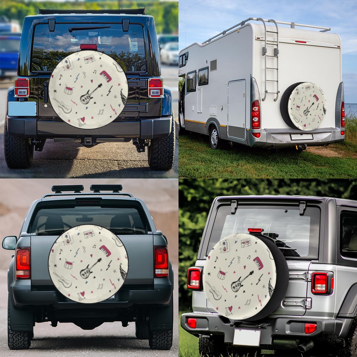 Cartoon Guitar Tire Covers Portable Spare Tire Cover Soft Durable Waterproof Dustproof Set of 4 Bags 15 Inches for Car Truck SUV Trailer Camper