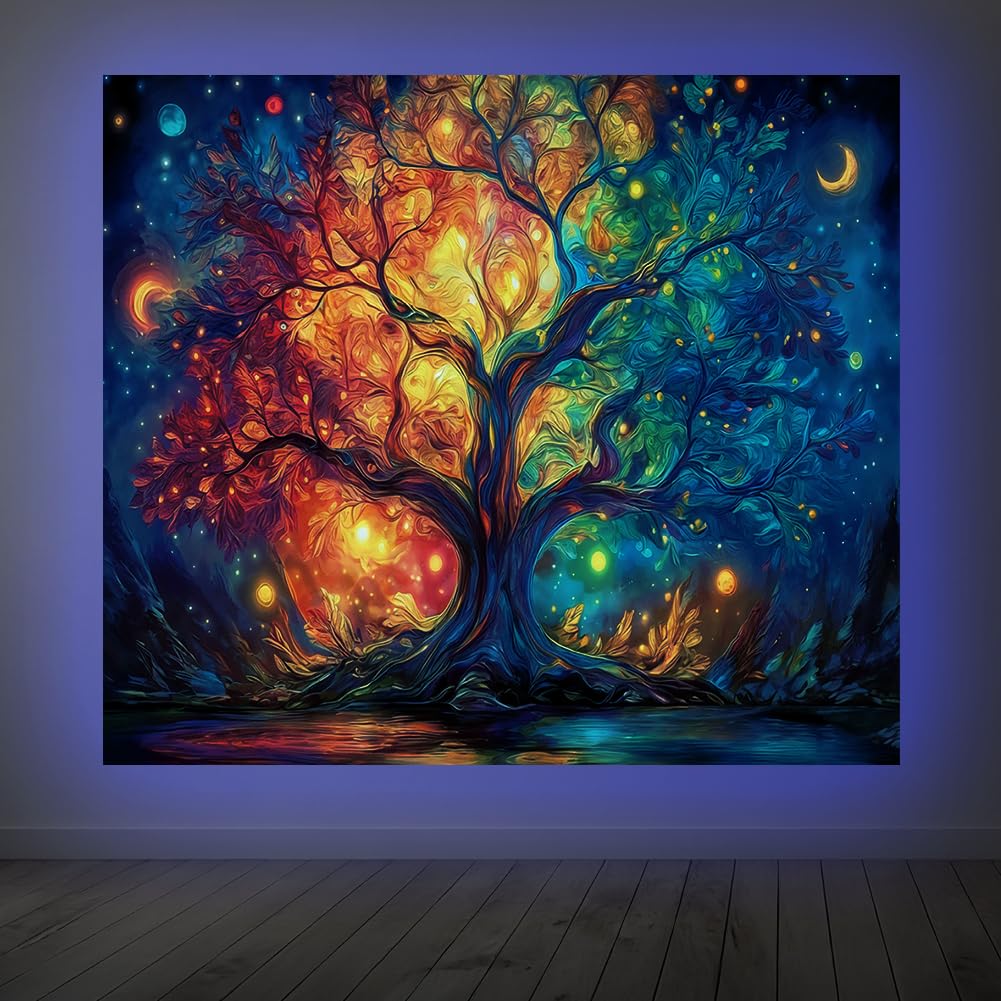 CRAFTYMELODY Tree of Life Blacklight Tapestry Bohemian Colorful Tree Glow in the Dark Tapestry UV Reactive Wall Hanging 59×51 Inch with Hook Self Adhesive Sticker Clip for Bedroom Home Wall Decor