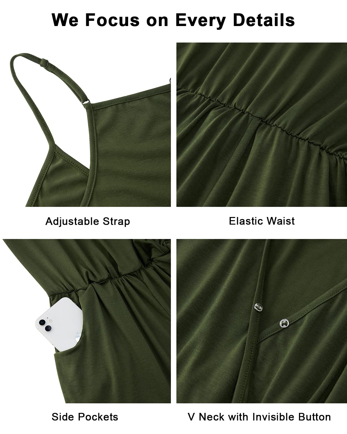 Loveternal Femme Combishort Ete sans Manches Salopette Short Taille Elastique V-Col Romper Jumpsuit avec Poche Combinaisons Bodysuit Casual Plage S-XL