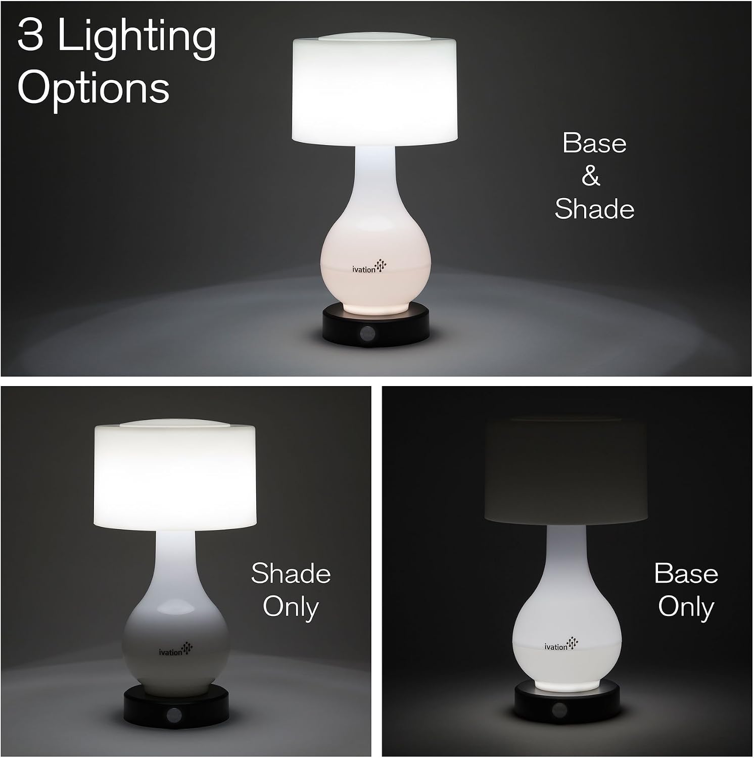 Ivation 6-LED Battery Operated Motion Sensing Table Lamp - Multi Zone Light: Body Only, Shade Only, or Both Body & Shade - can Also Light Continuously White