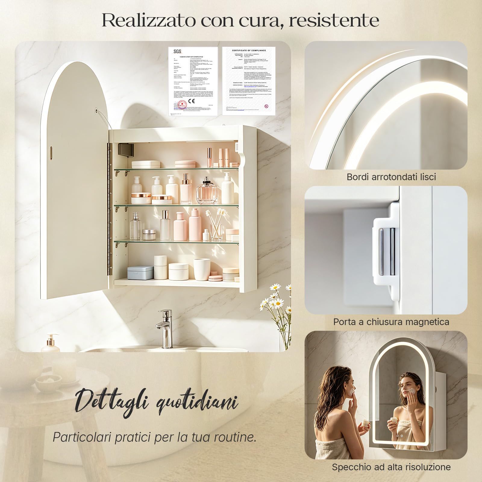 LEMROE Specchio Bagno Contenitore,Specchio curvo, con presa, luce a LED