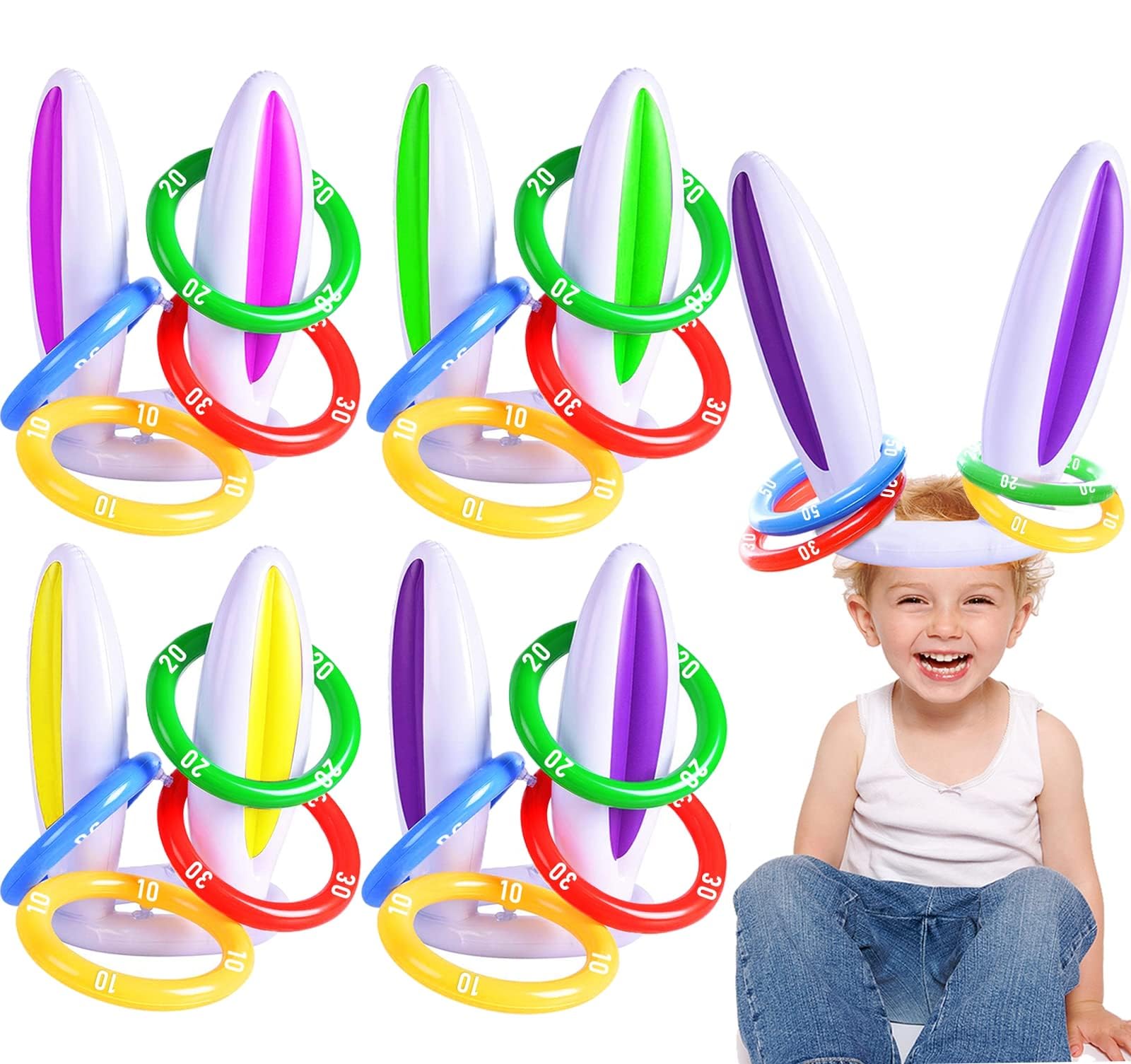 [16 Score Rings ] 4 Pack Easter Inflatable Bunny Rabbit Ears Ring Toss Game ​Easter Basket Essential for Kids Party Games Inflatable Gifts for Indoor Outdoor Toys Party Supplies Family Game