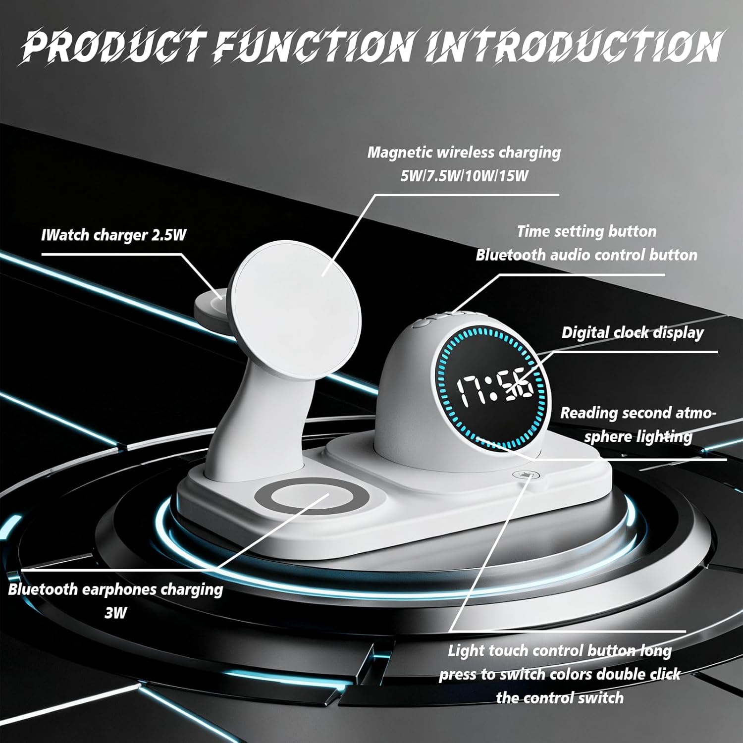Wireless Charging Station with Clock,6-in-1 Charging Stand for Multiple Devices for iPhone 17 16 15 14 13 12 Pro Max, Apple Watch, Airpods, Bluetooth Speaker + RGB Light
