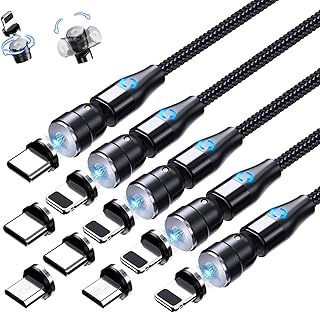 AMZLIFE Magnetisches USB Kabel, 3 in 1 Magnet Ladekabel [5Stück 0.5m+1m+1m+2m+3m] 360°&180°Rotierendes USB Kabel 2.4A Nylo...
