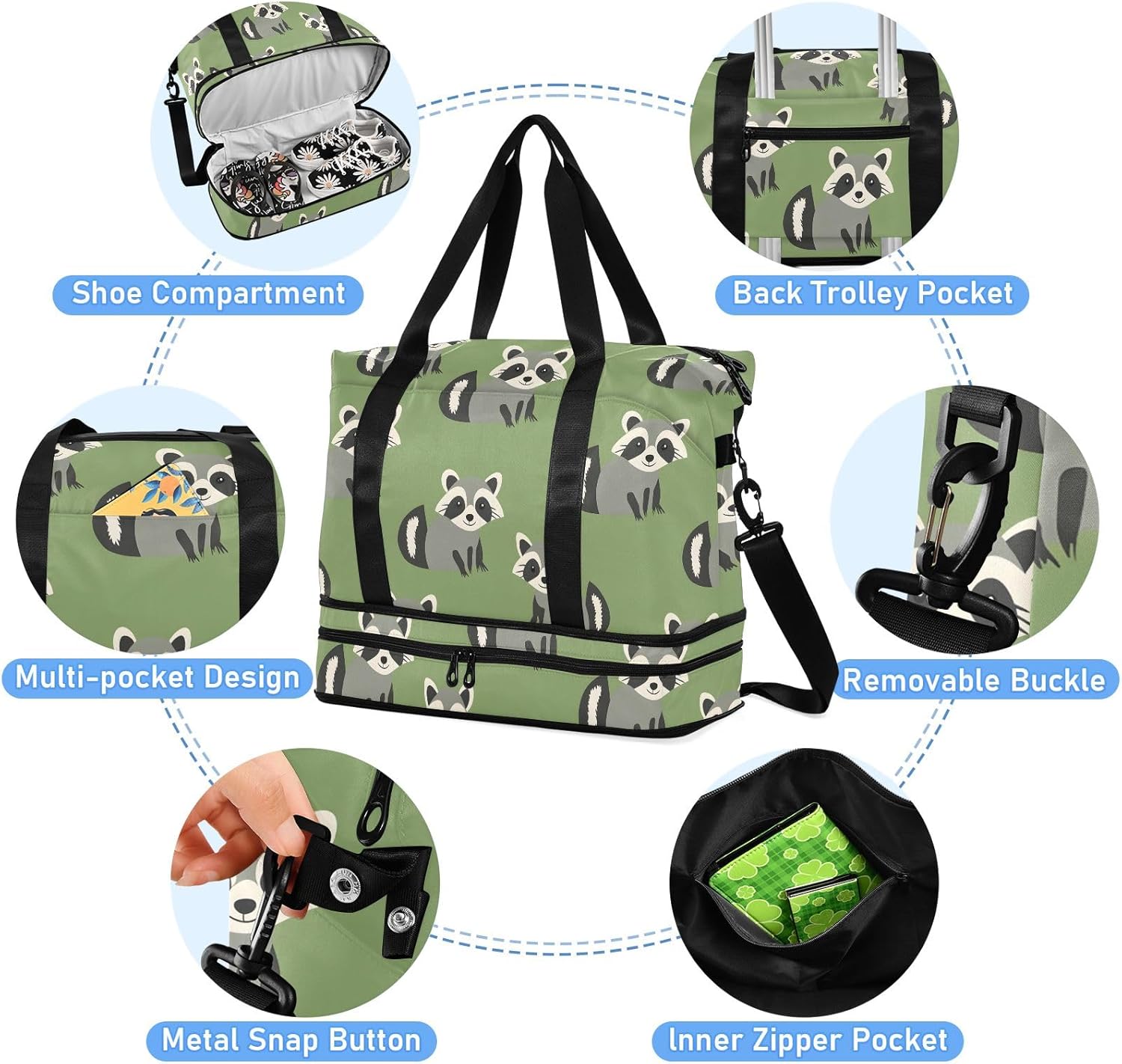 Travel Duffel Gym Sports Luggage Bag Expandable Large Capacity Raccoon Green Sports Bag for Women and Men