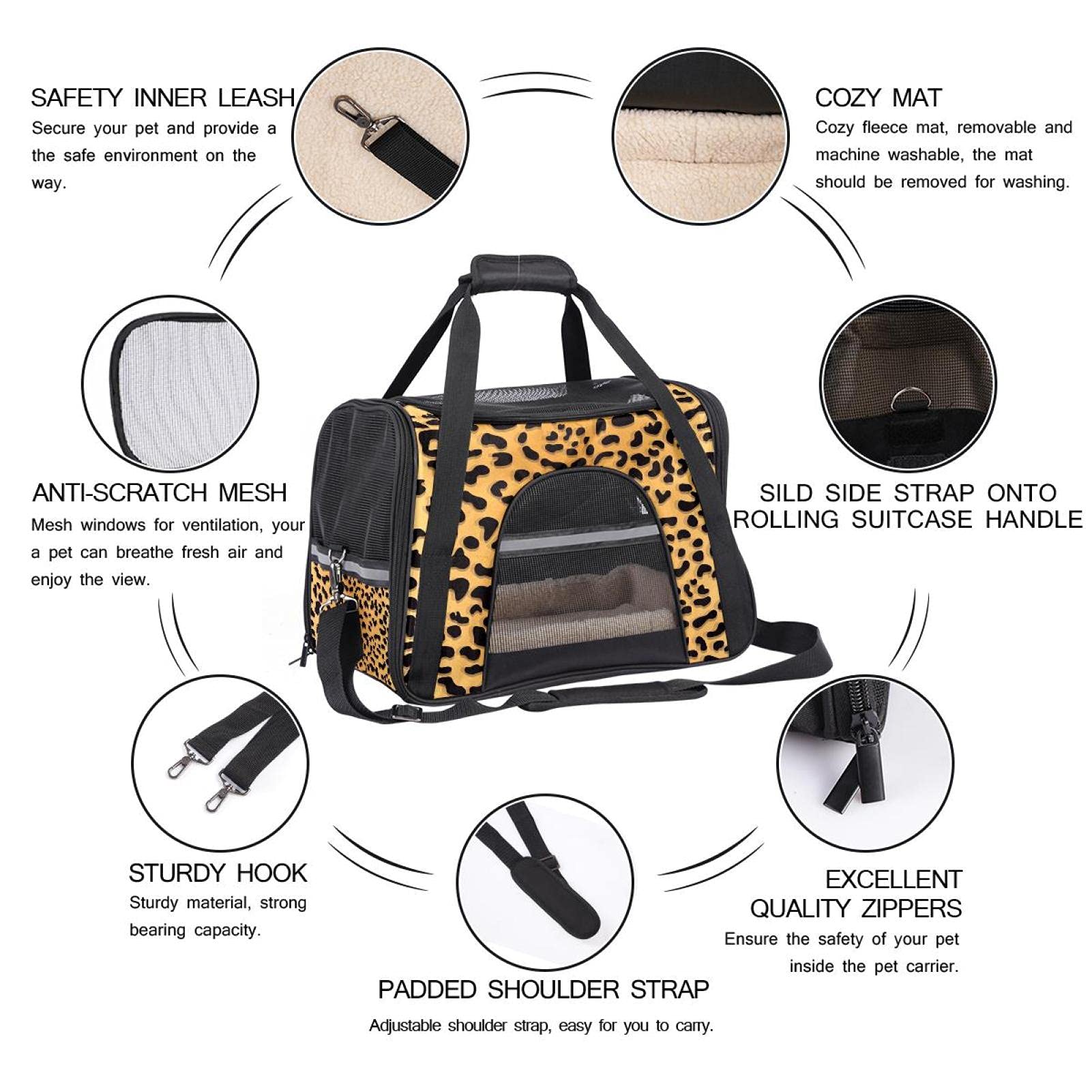 Transportín Perro Gato Estampado de Leopardo Bolsa de Transporte Plegable para Mascotas Transpirable Portador de Viaje para Perro y Gato 43x26x30 cm