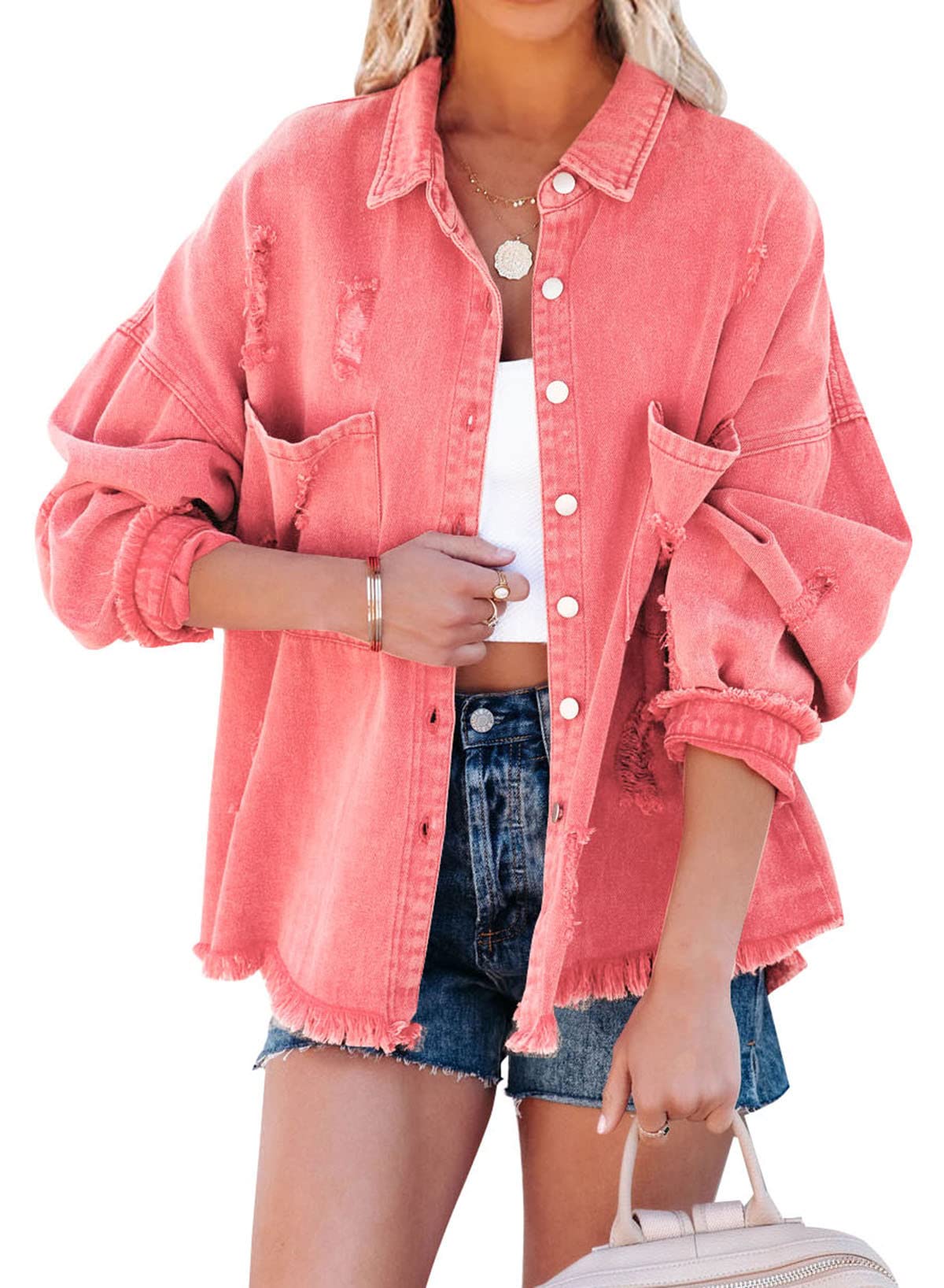 Photo 1 of EVALESS Jean Jacket for Women Distressed Frayed Denim Jacket Ladies Ripped Stretchy Jacket