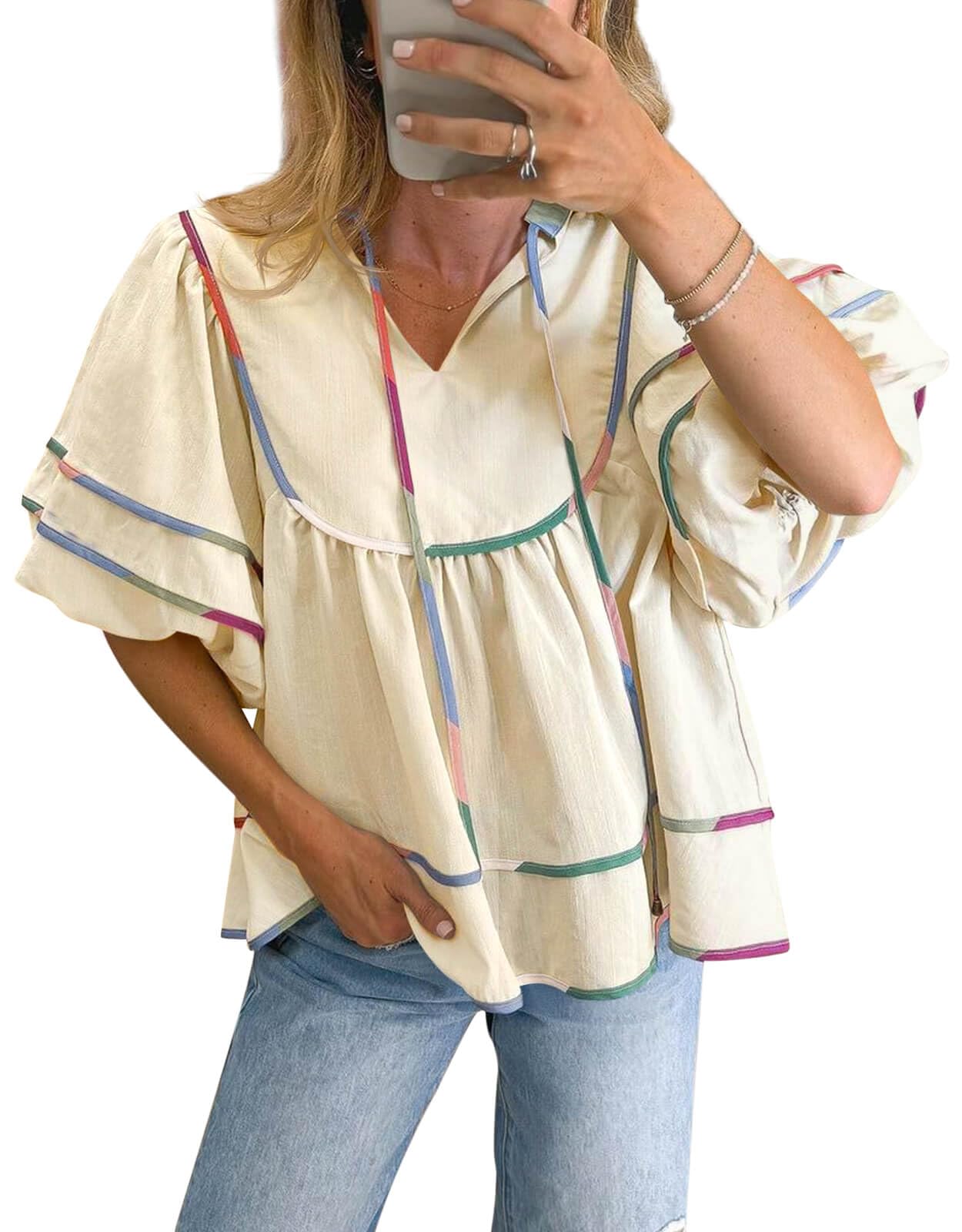 Cicy Bell Nuisette d'été à manches courtes et col en V pour femme | Décontracté tendance, manches bouffantes, haut péplum, coupe ample