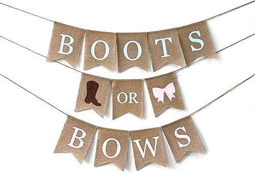 Banner de bota o lazo, pancarta de arpillera para niño o niña, decoraciones de ducha de arpillera para baby shower, fiesta de revelación de género