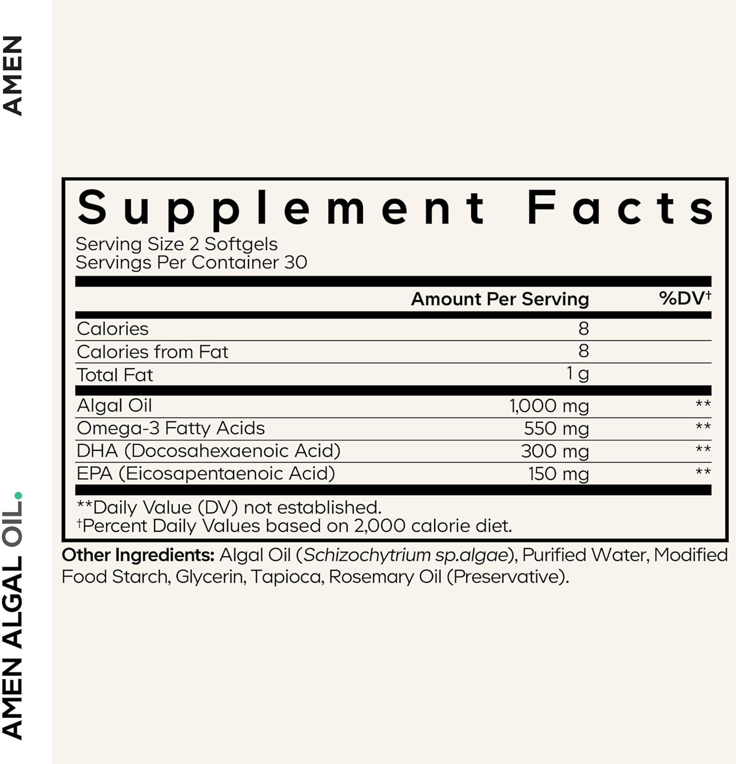 Amen Algal Oil Vegan Omega-3 Supplement – 1000mg DHA & EPA, Plant-Based Microalgae Oil, Non-GMO, 60 Softgels