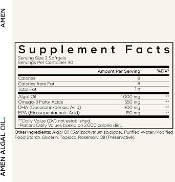 Amen Algal Oil Vegan Omega-3 Supplement, 1000 mg DHA & EPA, 60 Softgels