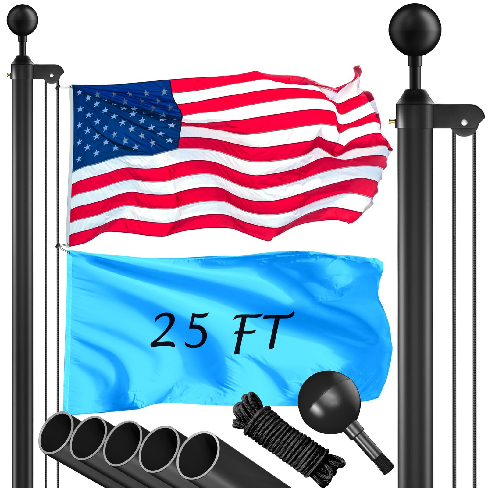 Flag Pole Kit 25FT, 12 Gauge 1.8mm Thickness Heavy Duty Flag Poles with 3x5 American Flag, Black Flag pole for Outdoor House In Ground, Extra Thick Flagpoles Suitable for Yard and Garden