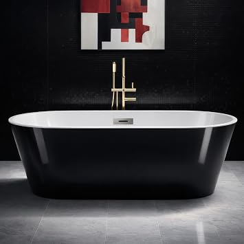 59" Acrylic Freestanding Bathtub, Contemporary Double-Walled Insulated Soaking Tub with Anti-Clog Drain & Overflow, cUPC Certified Heavy-Duty Resin Reinforcement, Black