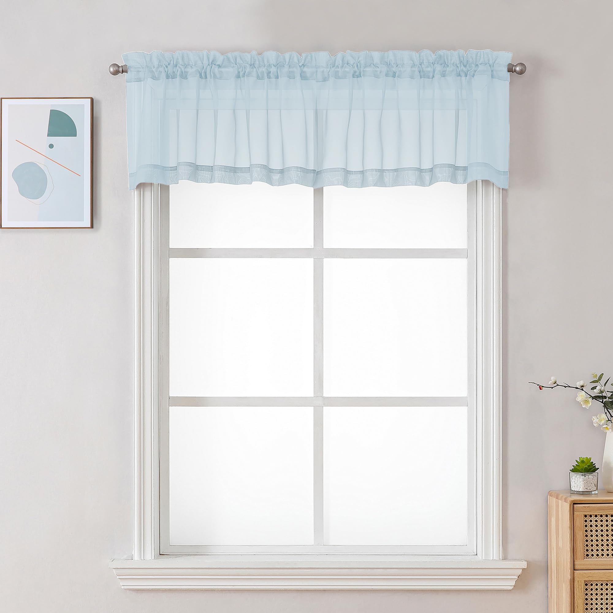 Chyhomenyc Sky Blue Sheer Valance for Windows, 42Wx12L, 2 Pack | Light Filtering Voile Soft Airy Topper Small Window Treatment Rod Pocket, Living Room Bedroom Laundry Basement