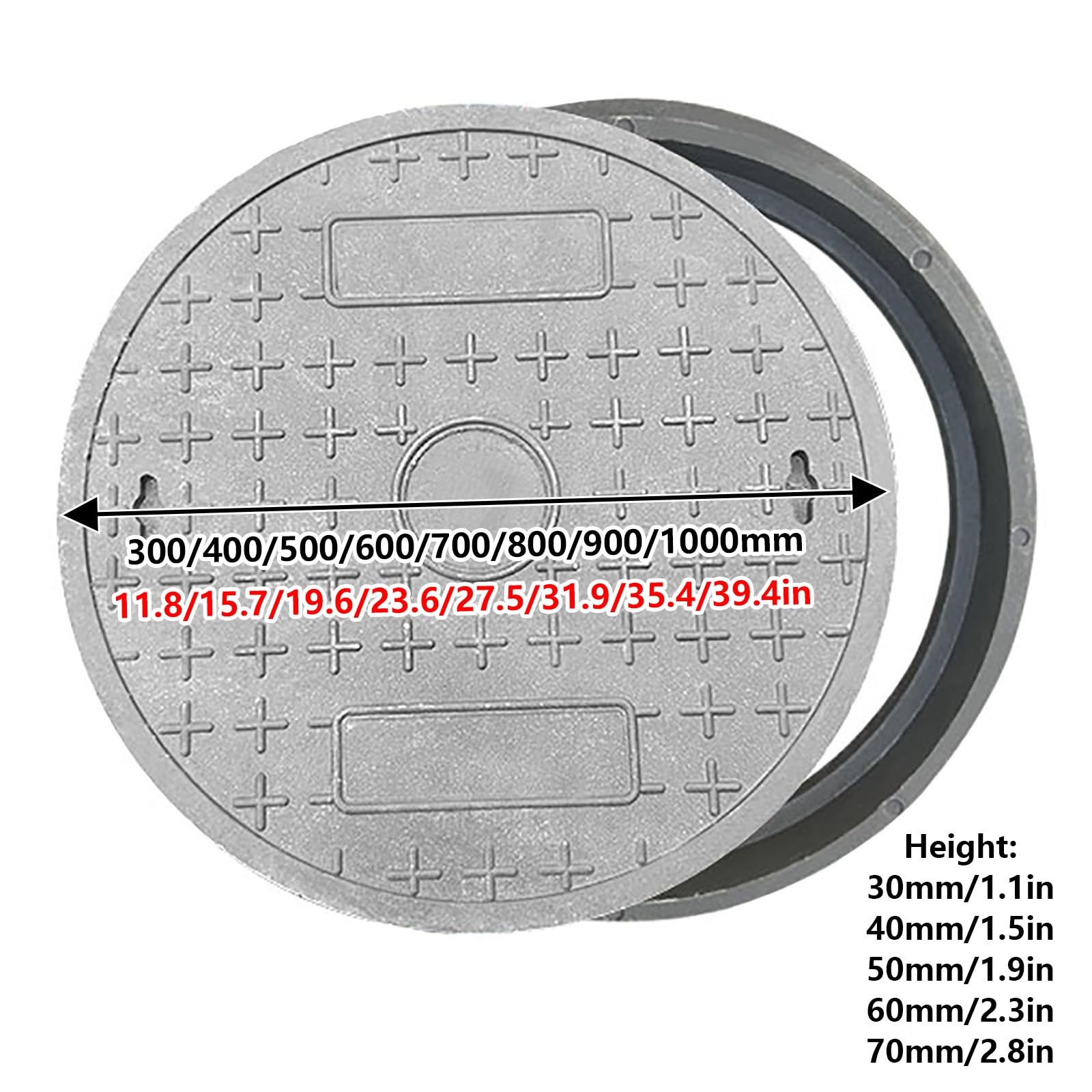Tapa Registro Circular 300–1000 Mm,Estructura Antirrotura Rejilla Reforzada | Se Admite Logotipo Personalizado Grabado Texto, Compuesto Resistente A La Intemperie(Gray,31.9x1.9in)