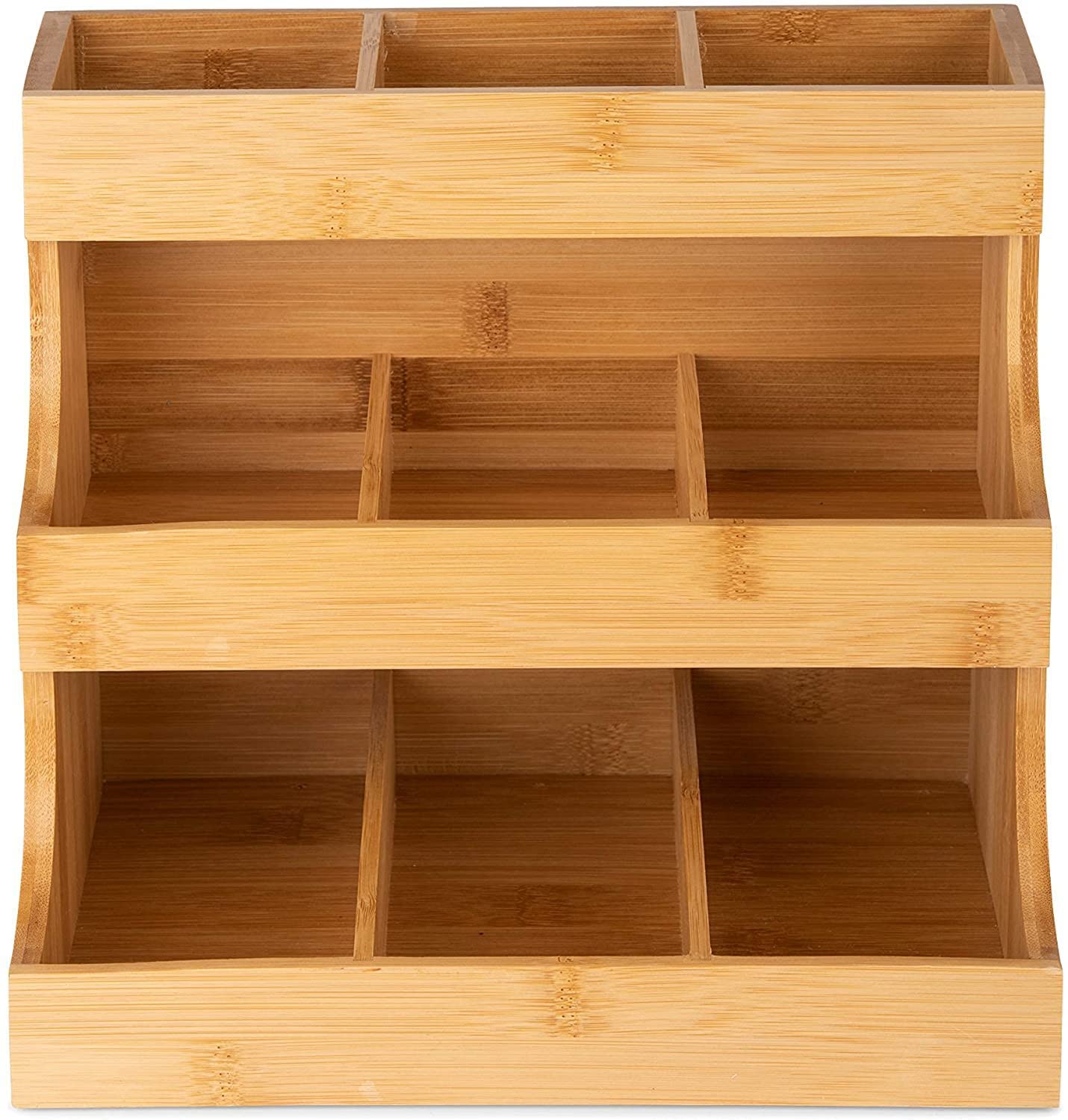 Organizador de té de bambú de 3 niveles con compartimentos, caja de almacenamiento para bolsas de té, cápsulas de café y azúcar (27 x 17 x 24 cm), antideslizante para bar, café y hogar
