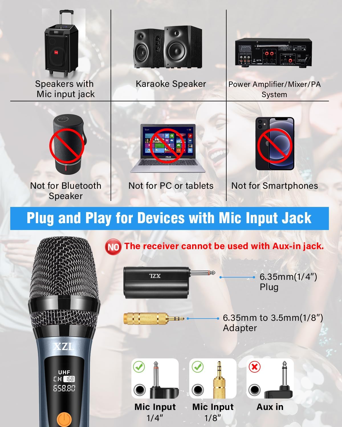 XZL Professional Wireless Microphones for Karaoke Singing, Rechargeable Dual UHF Dynamic Microphone, with 200ft Bluetooth Receiver, Plug and Play, Speech, Wedding, Church, PA System