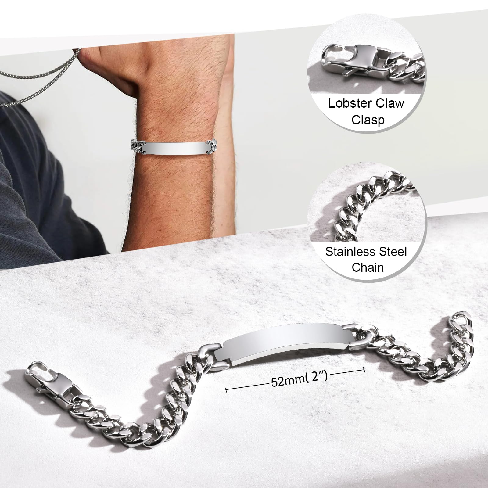 Bracelet Homme Personnalisé Chaîne Gourmette - Classique Bracelet Polissage Acier Inoxydable Bijoux Homme Cadeau Fête des Pères Saint Valentin Anniersaire Noël Gourmette Homme Personnalisable 21cm